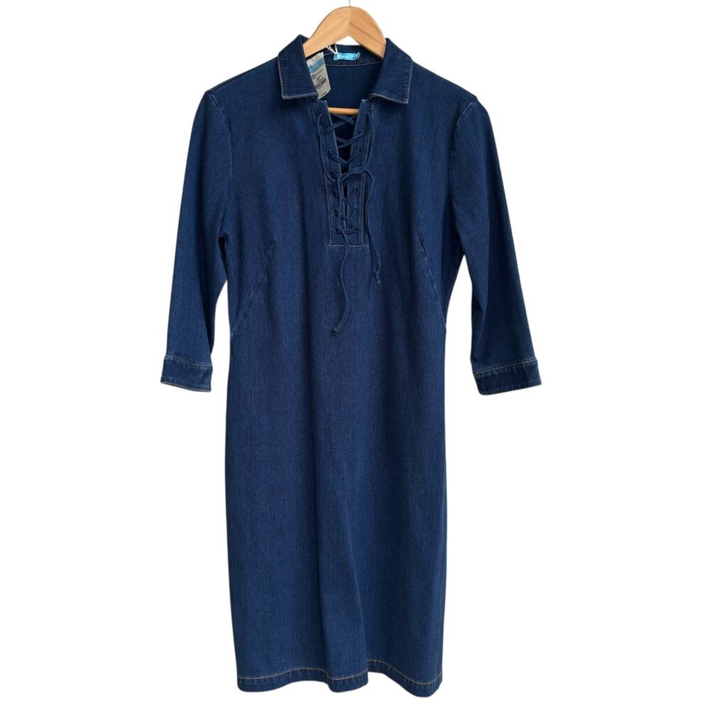 NWT J. McLaughlin Dk Blue Denim Dress Size S Lace Up Collared Stretch